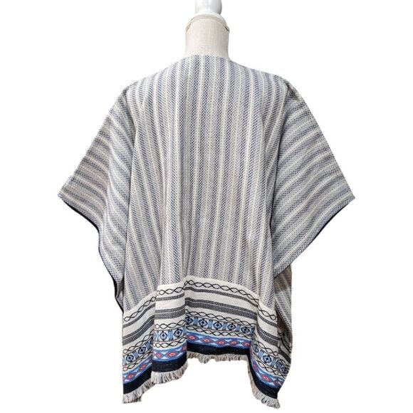 Tory Burch Boho Oversized Blaire Poncho M/L - w/ Tassles, New Ivory / Navy Sea - Picture 3 of 12